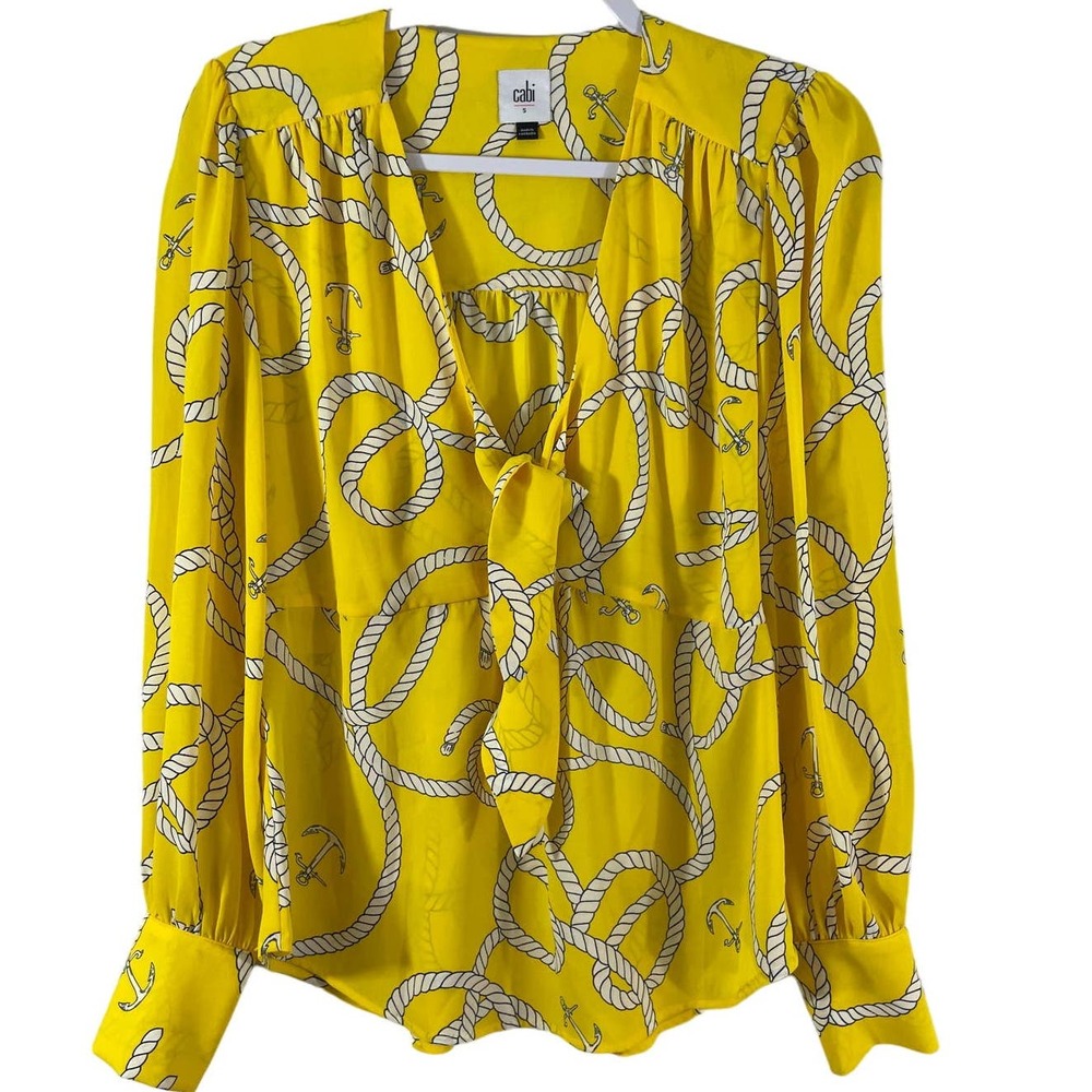 Cabi Yellow Nautical Blouse Size Small White Rope Long Sleeve Tie Neck V Neck - Picture 1 of 9